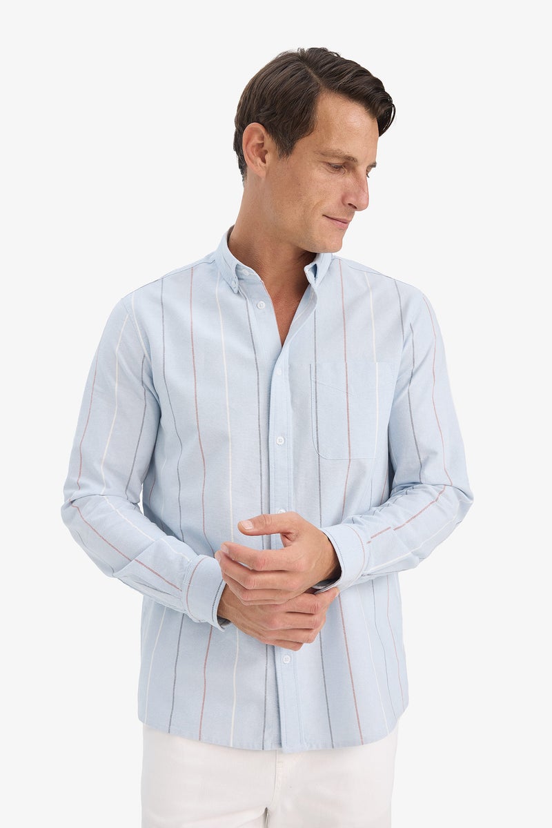 DeFacto Blue Man Regular Fit Polo Shirt Striped Cotton Long Sleeve Shirt Casual - Image 4